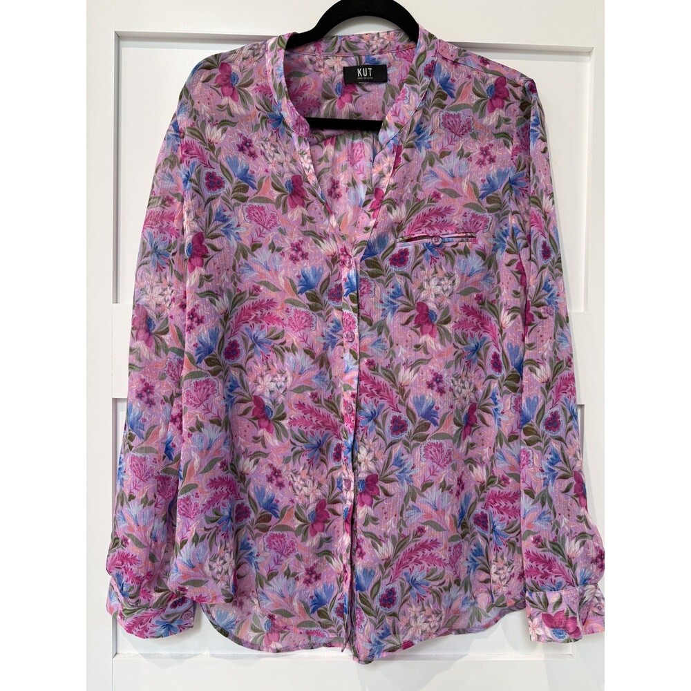Kut From The Kloth Pink Floral Roll Tab Sleeve Blouse Sheer lightweight roomy